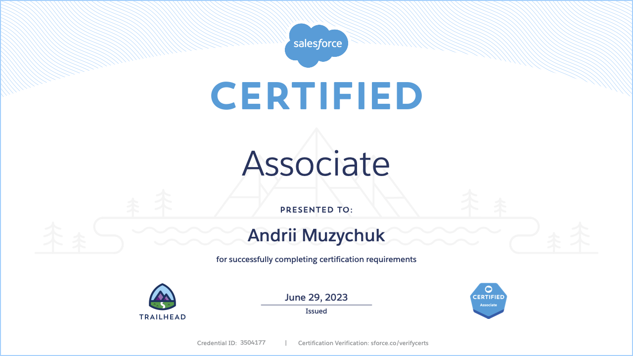 Salesforce Certified Platform Foundations certificate achieved by Andrii Muzychuk on June 29, 2023
