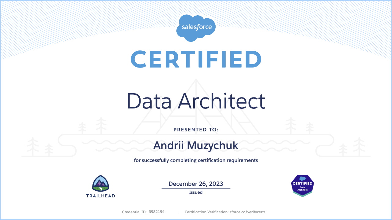 Salesforce Certified Data Architect certificate achieved by Andrii Muzychuk on December 26, 2023